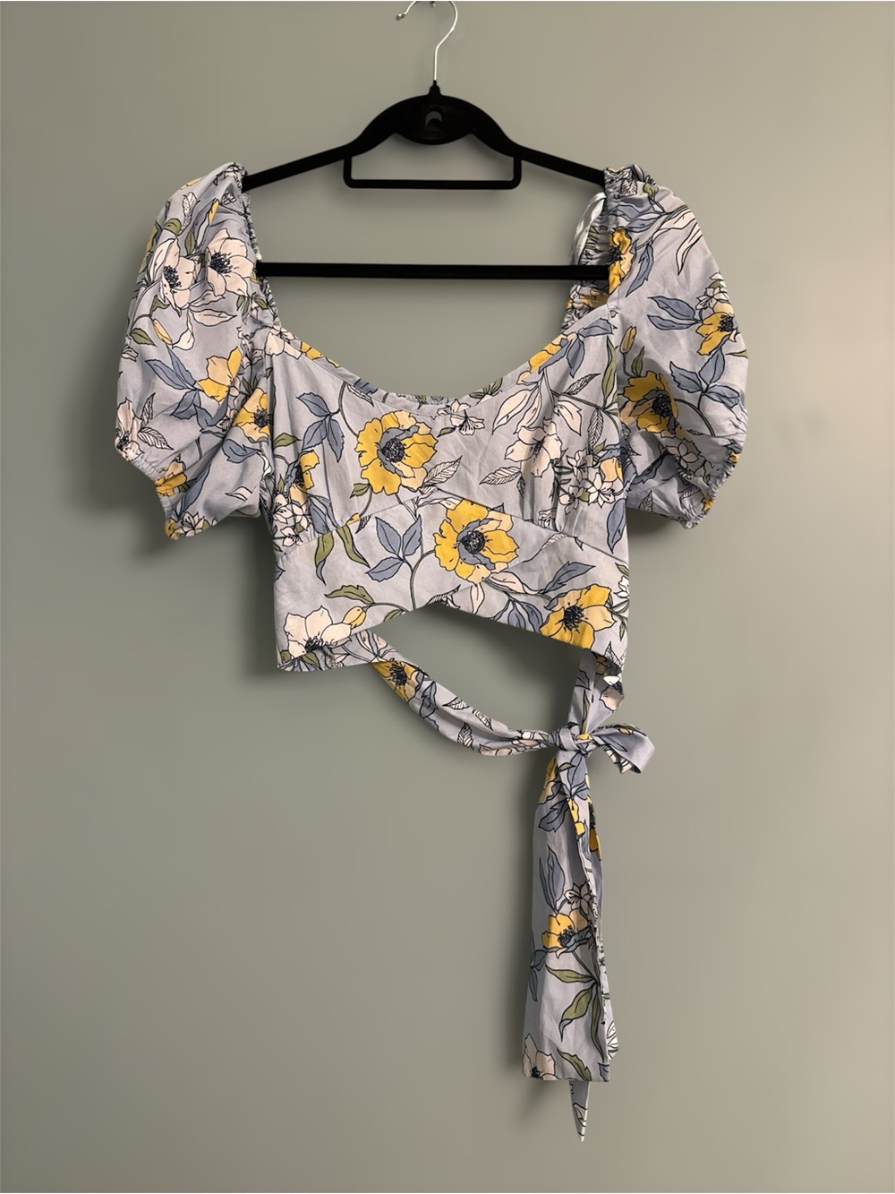 Floral Puff-Sleeve Wrap Crop Top - Blue & Yellow